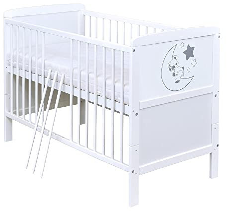 Generisch Baby Delux Babybett 70x140 Kinderbett umbaubar zum Juniorbett weiß 140x70 mit Aloe Vera Matratze und Beißschienen (Felix)