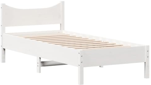 vidaXL Massivholzbett, Bett Einzelbett für Schlafzimmer, Bettrahmen mit Lattenrost Kopfteil, Schlafzimmermöbel Holzbett, 90x200 cm Weiß Kiefer
