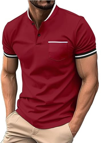 Yowablo Tshirt Herren Poloshirt Herren Herren-Sommerhemd mit bedrucktem Kragen und Knöpfen für Sport und Freizeit Tops Herren Vintage (b-Red, XL)