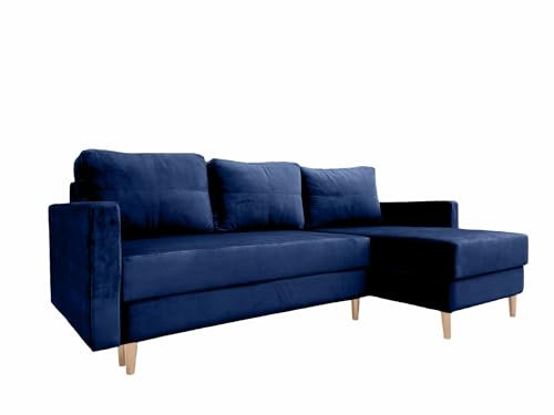 Meble Ares Moderne Sofa Kris - Elegante Ecksofa mit Schlaffunktion und Bettkasten - Praktische Schlafsofa Ausziehbar zum Wohnzimmer - Komfortabel Couch l Form - Sonoma Beine, Samt Dunkelblau