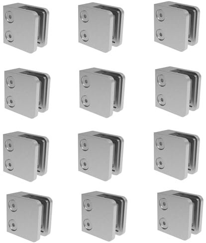Sellon24® Glashalter 12 Stück Edelstahl Klemme Halter Glasplattenhalter für Treppen Geländer V2A Eckig 45 x 45 x 28 mm inkl. Gummieinlage flach geschliffen Set MOD 21.000 (Flach/Glasstärke: 8mm)