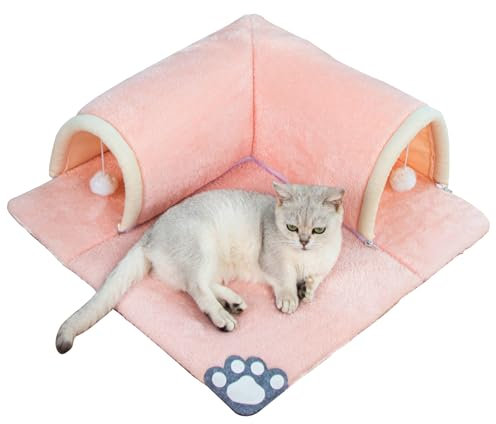 Katzentunnel Bett, 2 In 1 Katzenspieltunnel Mit Teppich, Abnehmbare Kätzchen Pet Play Tube - Waschbar Kätzchen Höhle Matte mit Ball Spielzeug, Katzenteppich, 50 * 50cm (Rosa)