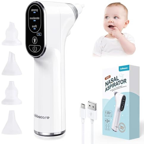 Bubbacare Baby Nasensauger, Elektrischer Nasenreiniger Ohrenschmalz Entferner mit 4Größen Wiederverwendbarem Rotzsauger für geborene Kleinkinder Säuglinge Elektrisch