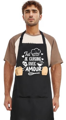 Halinuia Tablier de Cuisine pour Homme Femme, Tablier Cuisine Personnalisé - Ici, JE CUISINE AVEC AMOUR, Étanche Réglable Tablier Barbecue, Noir Tablier Cuisine Professionnel