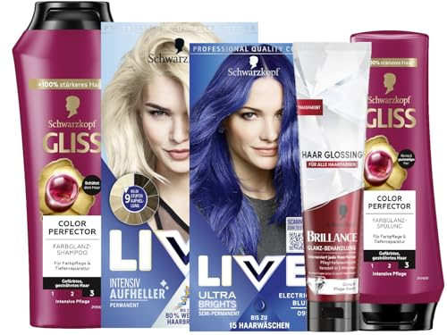 Schwarzkopf LIVE Intense Colour PROFI-SET mit Haarfarbe 90 Cosmic Blue & Aufheller Max Blonde 00B, Blondierung & GLISS Shampoo & Spülung Colour Perfector & BRILLANCE Haar Glanz Glossing Neutral