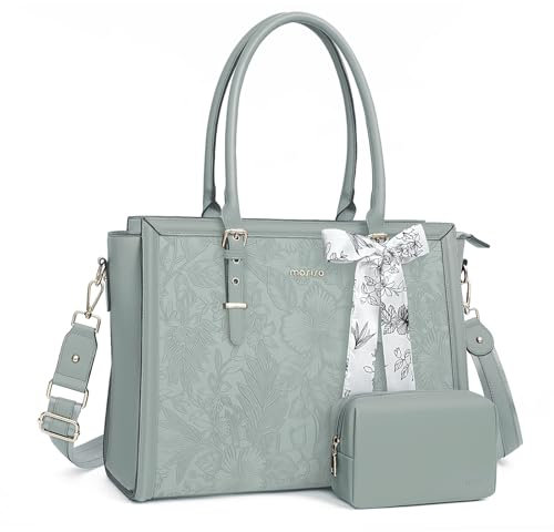 MOSISO Sac Ordinateur Femme 17-17,3 Pouces,Sac Fourre-tout en Cuir PU Compatible avec MacBook,HP,Dell,Asus,Sac PC Portable Rétro Hibiscus Gaufré avec Écharpe Soie&Pochette,Vert Antique