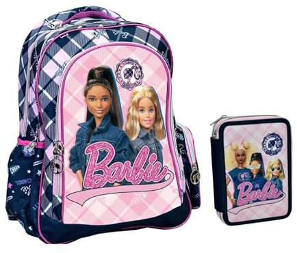 PRESTIGE & DELUXE Mochila escolar compatible con Barbie & Friends Redonda 3 compartimentos cremallera – Correas y respaldo acolchados – para niños primaria secundaria + estuche 2 pisos completo,