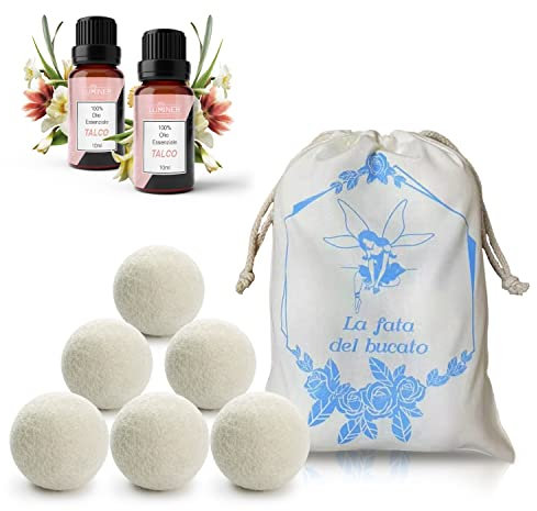 Palline Per asciugatrice di lana, 6 Palle Per Asciugatrice Antipiega e Cattura Peli Con 2 Oli Essenziali Talco, Palline Di Lana Per Asciugatrice Con Profumatore Per Il Bucato LUMINER