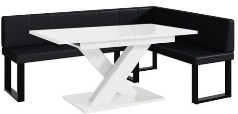 MEBLINI Eckbank für Esszimmer mit ausziehbarem Tisch - Küchenbank - Essecke - Sitzecke Küche - Peter - U-Beine 142x196x87cm Rechts - Schwarz Kunstleder/B Weiß Hochgl.