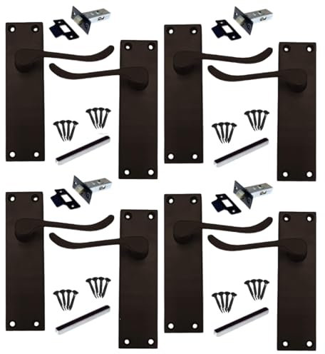 DISCOUNT HARDWARE UK Victorian Scroll Matt Black Door Handle, 150mm x 40mm Backplate, 4 Pairs of Lever Latch Handles with 64mm Tubular Latch for Interior Wooden Doors