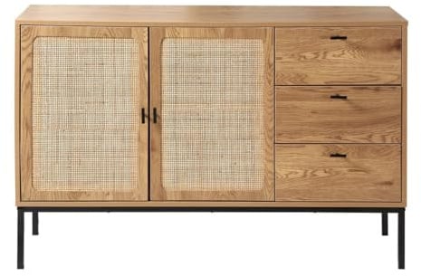 Calicosy – Buffet 2 Portes et 3 Tiroirs – Bois et Rotin – Collection Jaya – Meuble Buffet – Rangement Salon, Salle à Manger – Style Industriel – L 120 x P 35 x H 75 cm
