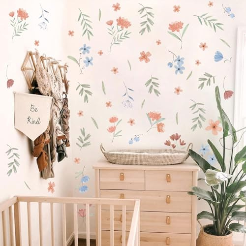 Watercolor Boho Floral Wall Decals Small Flower Wall Stickers Peel and Stick Removable Cute Floral Leaf Flowers Decals for Nursery Bedroom Decor