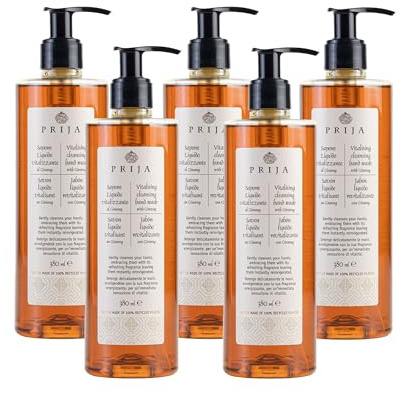 Prija Vitalising Hand Wash with Ginseng Extract 5x 380ml | Gently Cleanses and Moisturises Hands. Vegan Friendly with Ginseng Extract and Energising Fragrance. Pump.