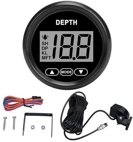 Torvex Depth Gauge Meter, Marine Depth Finder Sensor with Alarm 52mm LCD Display 12V, Boat Depth Measurement Gauge 328.08ft for Yachts Fishing Vessels (81000245 Black Dial Black Bezel)