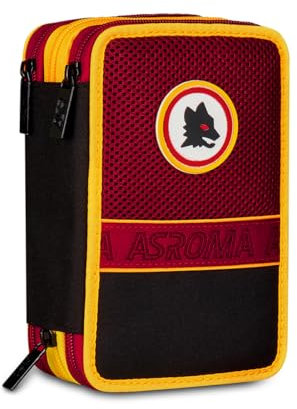 Seven AS Roma Astuccio Scuola 3 Zip Calcio, Rosso, Portapenne Triplo Scomparto Completo Di Penne, Matite, Colori, Scuola Elementare, Bambino