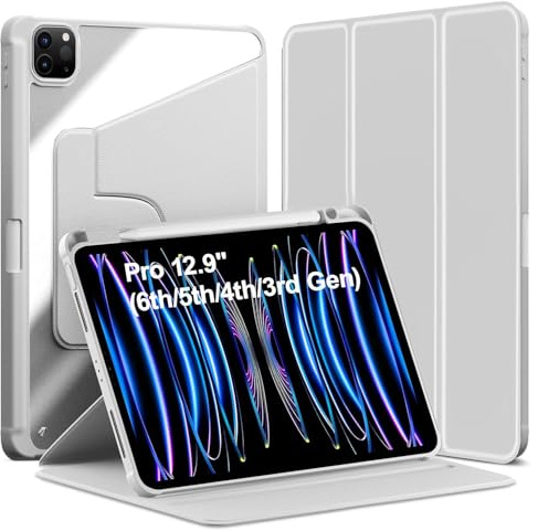 World biz Rotating Case for iPad Pro 12.9 inch (2022/2021/2020/2018, 6th/5th/4th/3rd Gen) with Pencil Holder, 360 Degree Rotation Protective Trifold Stand Cover Clear, Auto Wake/Sleep (Grey)