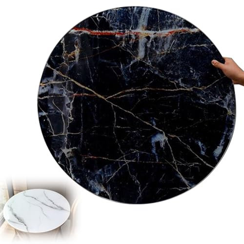 Table de salle à manger ronde en verre trempé transparent avec veines marbrées, finition noire durable pour décoration d'intérieur élégante, 70 cm