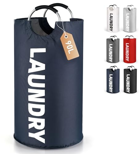 Lychico 90L Laundry Basket, Large Foldable Collapsible Washing Basket with Handles, Waterproof Storage Hamper, Portable Laundry Bag for Home Use, Space Saving Clothes Organiser, Navy Blue
