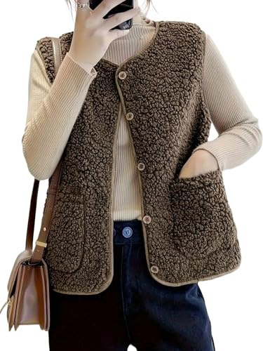 JClorix Gilet senza maniche donna Teddy Fleece Collo a V Corto Gilet pile smanicato con bottoni e tasche Gilet termico trapuntato gilet invernale caldo pratico per layering