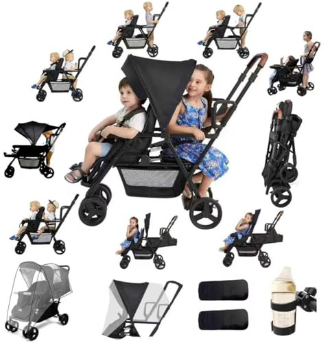 Twin Baby Pram, 2 in 1 Foldable Double Baby Buggy, Reclining Tandem Pushchair, Twin All in One Stroller, Newborns, Toddlers, 0-4 Years, Aluminium Frame, Lightweight