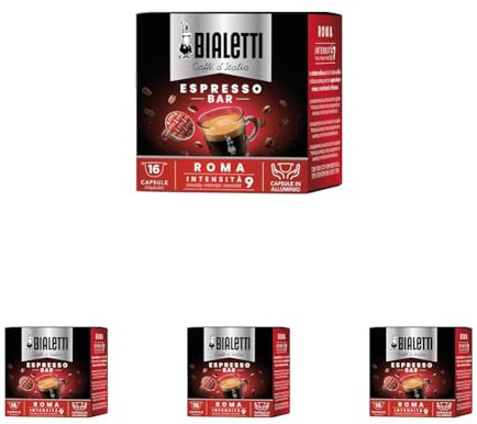 Bialetti Caffè d'Italia, Box 16 Capsule, Roma, Intensità 9, Compatibili con Macchine Bialetti sistema chiuso, 100% Alluminio (Confezione da 4)