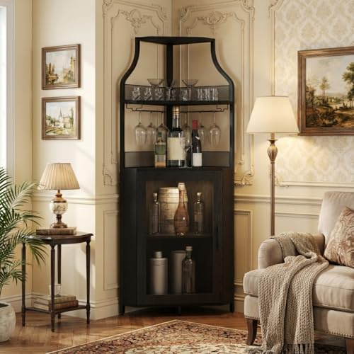 Litake Eckbar-Kommode, Flaschenregal Mit Verstellbaren Regalen, 5-Schichten Landhausweinkommode Mit Verschließbarem Tür Und Verstellbaren Füßen Für Esszimmer, Wohnzimmer, Küche, Schwarz