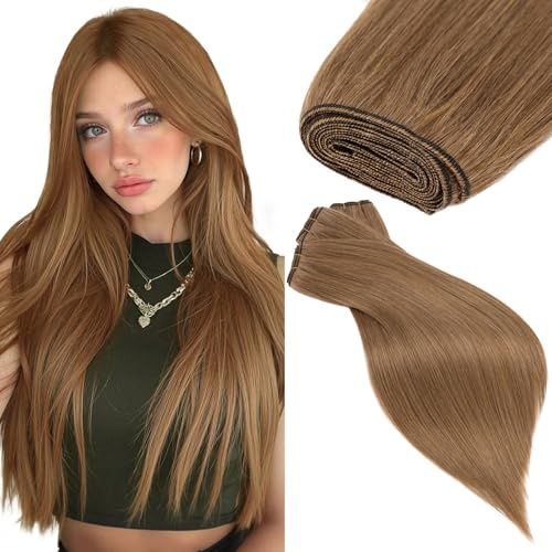 Elailite Human Hair Extensions Weft Real Hair Bundles Weave Straight Double Weft Sew In Hair Extension Remy 100G - #6 Light Brown - 12 Inch