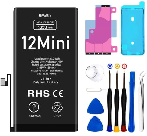 EFaith Batteria per iPhone 12 MINI [4350mAh] di ricambio ad alta capacità 0 cicli con kit di riparazione professionale e adesivo