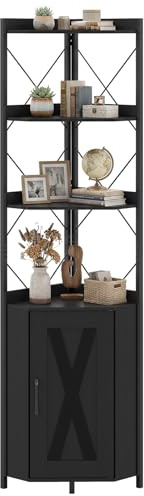 COSTWAY Estantería Esquinera de 5 Niveles, Armario Esquinero con Puerta, Estantería Librería Salón Oficina Dormitorio, 38 x 38 x 180 cm, Industrial (Negro)