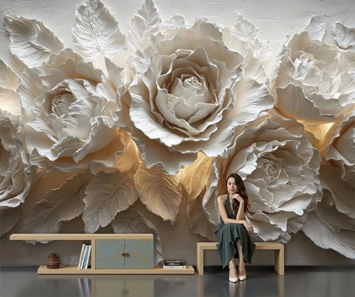 Fototapete 3d Effekt 300x210cm, 3D Weiße Rose XXL Wandtapete Motivtapeten Luxuriöse Dreidimensionale Blumen Tapeten Wand Dekoration für Wohnzimmer Schlafzimmer Heimbüro, Creme