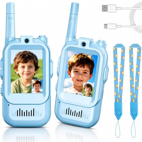 Kids Video Walkie Talkie with Camera (2 Pack | Blue) – Rechargeable Wireless Video Intercom Toy, 450m Range, Voice Changer, Photo Messaging for Children