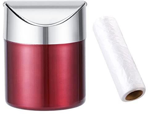 Countertop Brushed Stainless Steel Swing Lid Table Desk Car Mini Trash Can Trash Bin Set, Come with Trash Bag, 1.5 L / 0.40 Gal, 5 Color Options, Red