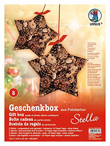 Ursus 5090008 - Geschenkbox Stella, Weihnachtliches Motiv, 5 Stück, aus Fotokarton 300 g/qm, beidseitig bedruckt, vorgestanzt und genutet, inklusive 15 Paper Tags, ideal für kleine Überraschungen