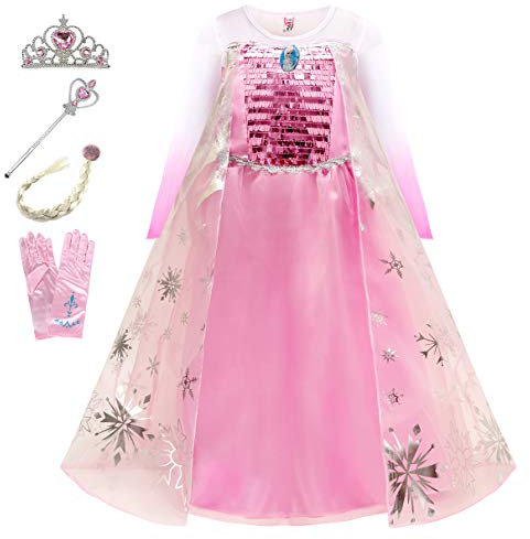 Eleasica Petites Filles Robe Longue Déguisements Manches Longues Princesse Elsa Reine des Neiges Costume et Accessoires Diadème Gants Baguette Magique et Tresse Bleu Robe de Soirée, Rose, 110