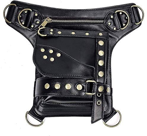 Valentoria Steampunk Waist Bag Fanny Pack Fashion Gothic Leather Shoulder Crossbody Messenger Bags Thigh Leg Hip Holster Purse Travel Pouch Hiking Sport Chain Bags für Frauen und Männer in Schwarz