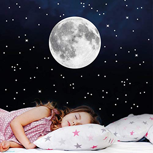 Wandtattoo Loft Leuchtsterne Kinderzimmer und Mond Motiv, 350 Stück, Selbstklebende und Fluoreszierende Lichtersterne, Nachtsterne, Leuchtende Sterne Aufkleber, Leuchtesterne Wand, Leuchtaufkleber