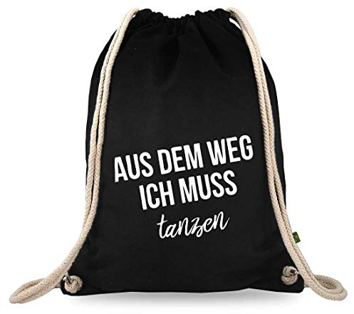 Turnbeutelliebe® Turnbeutel mit Spruch - Techno-Musik - Verschiedene Motive - Baumwolle schwarz - Sportbeutel - Rucksack - ca. 12 Liter - 37 x 46 cm (Aus dem Weg ich muss tanzen)