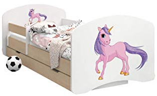 HappyBabies - Doppelseitiges Kinderbett MIT SCHUBLADE Modernes Design mit sicheren Kanten und Absturzsicherung Schaumstoffmatratze 7 cm Leichte Birne (Einhorn, 180/90)