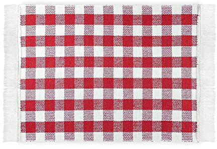 Tapis de Cuisine à Carreaux 50 x 75 cm Rouge pour Cuisine, Couloir, Salon - Lavable en Machine - 100% Coton avec Franges Ludiques