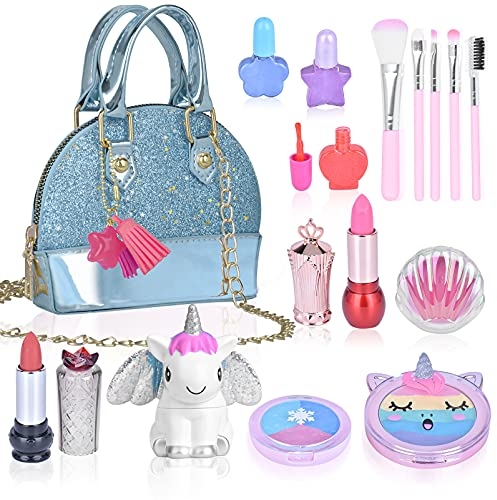 Spielzeug 4-12 Jahre Mädchen Kinderschminke Set Mädchen Waschbar Schminke Kinder Kosmetik Makeup Set Rollenspiel Kinder Spielzeug Weihnachten Geschenk für Mädchen 5 6 7 8 Jahre Geschenk(Blau)