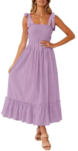 ZESICA Abito lungo da donna con spalline sottili, Boho, con scollo quadrato, tinta unita, con volant, linea da spiaggia, Lavanda, S