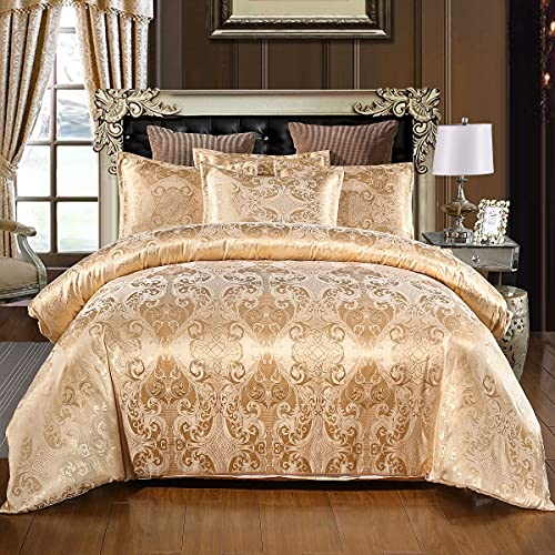 DXHOME Satin Bettwäsche 135x200 cm Gold Gelb Seide Bettbezug Set 2teilig Glatt Glänzend Wendebettwäsche Microfaser Zweiteilig Jacquard Blumenmuster Bettwäschegarnitur Einzelbett mit Reissverschluss