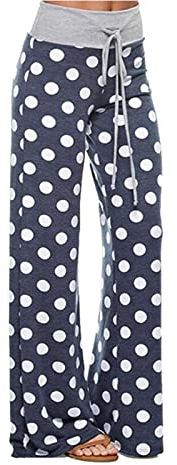 AMYTIS Damen Yogahose Stretch Freizeithose Bequeme Pyjamahose Schlafanzughose Lang Leichte Lounge Hose Hausanzug Hosen Relaxhose Fitness Sommer Weites Bein,Dot,XXL