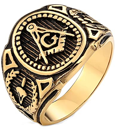 Dsnyu Männer Ring, 10mm Siegelring Freimaurer G Freimaurer Siegel, Edelstahl Ring Gold Vintage zum Valentinstag, GR.62 (19.7)