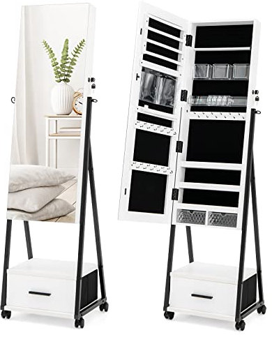 CASART 3-in-1 Jewellery Cabinet, Mobile Cosmetic Jewelry Armoire with Drawer, Full Length Mirror & 4 Wheels, Freestanding Lockable Makeup Storage Organizer for Living Room Dressing Room (White)