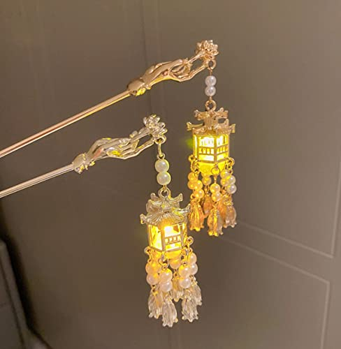 2Pcs Chinesische Haarnadeln Vintage Haarstäbchen Haarstäbchen mit Kristallquasten Imitationsperlen Legierung Laterne Haarnadel für Frauen Mädchen Kopfschmuck Haar Styling Kostüme Zubehör