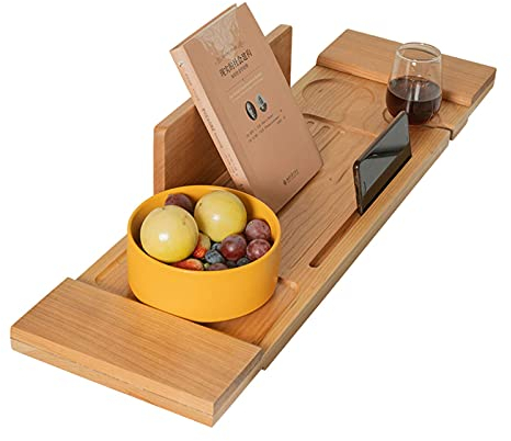 Badewannenablage aus Massivholz, rutschfeste Badewannenhalterung 3 Gren, Tablet-Telefon-Einfassung Weinglasschlitz, runde Nut, Family Spa Experience Badewannengestell, 84 cm