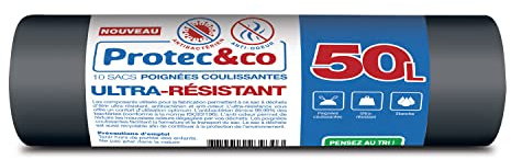 PROTEC&CO Le Seul 4-in-1 Bin Bag 50 L, Heavy Duty, Anti-Bacterial, Anti-Odour, Sliding Handles Roll of 10 Bags