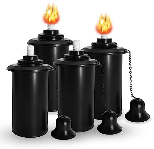NCYOEW Torch Canisters, 16OZ Refill Canister Replacement for Tiki Torch, Citronella Torch Fuel Canisters with Torch Wicks & Round Fire Covers, Outdoor Patio Torch, DIY Garden Torch Decor, Pack of 4