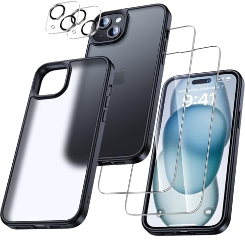 UniqueMe für iPhone 15 Hülle, 5-in-1-Set Handyhülle für iPhone 15 Case Rundumschutz Schutzhülle Cover, 1 Handyhülle & 2 Schutzfolie & 2 Kameraschutz - Schwarz